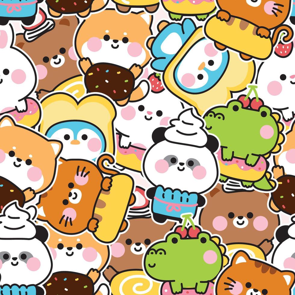 Seamless pattern of cute animals in bakery mascot sticker background.Penguin,shiba inu dog,teddy bear,cat,panda,crocodile hand drawn.Kawaii.Illustration. vector