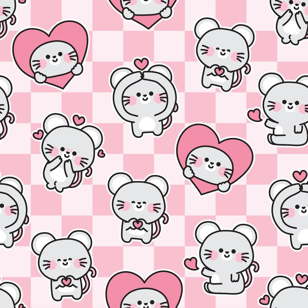 Seamless pattern of cute rat mouse in love concept sticker pink background.Heart.Valentines.Rodent animal character cartoon design.Image for card,sticker,decoration.Baby graphic.Kawaii. vector