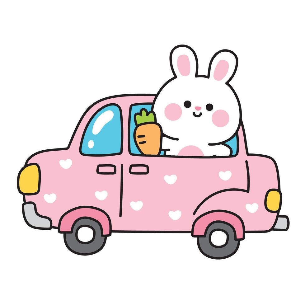 Cute rabbit bunny with carrot stay on heart car .Traffic.Vehicle.Rodent animal character cartoon hand drawn design.Kawaii.Illustration. vector