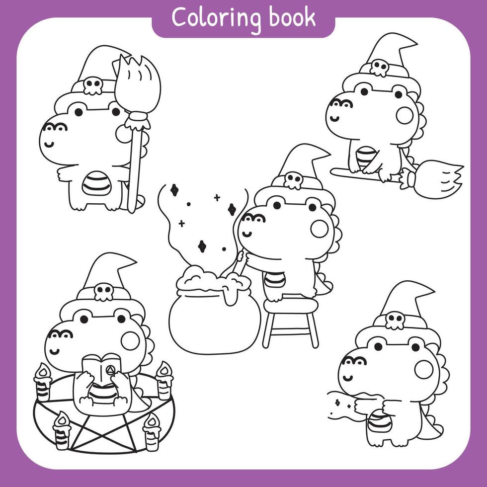 Coloring book.Painting book for kid.School.Page.Happy halloween.Set of cute crocodile witch various poses.Broom,poison,magic hand drawn.Animal character cartoon.Kawaii.Illustration. vector