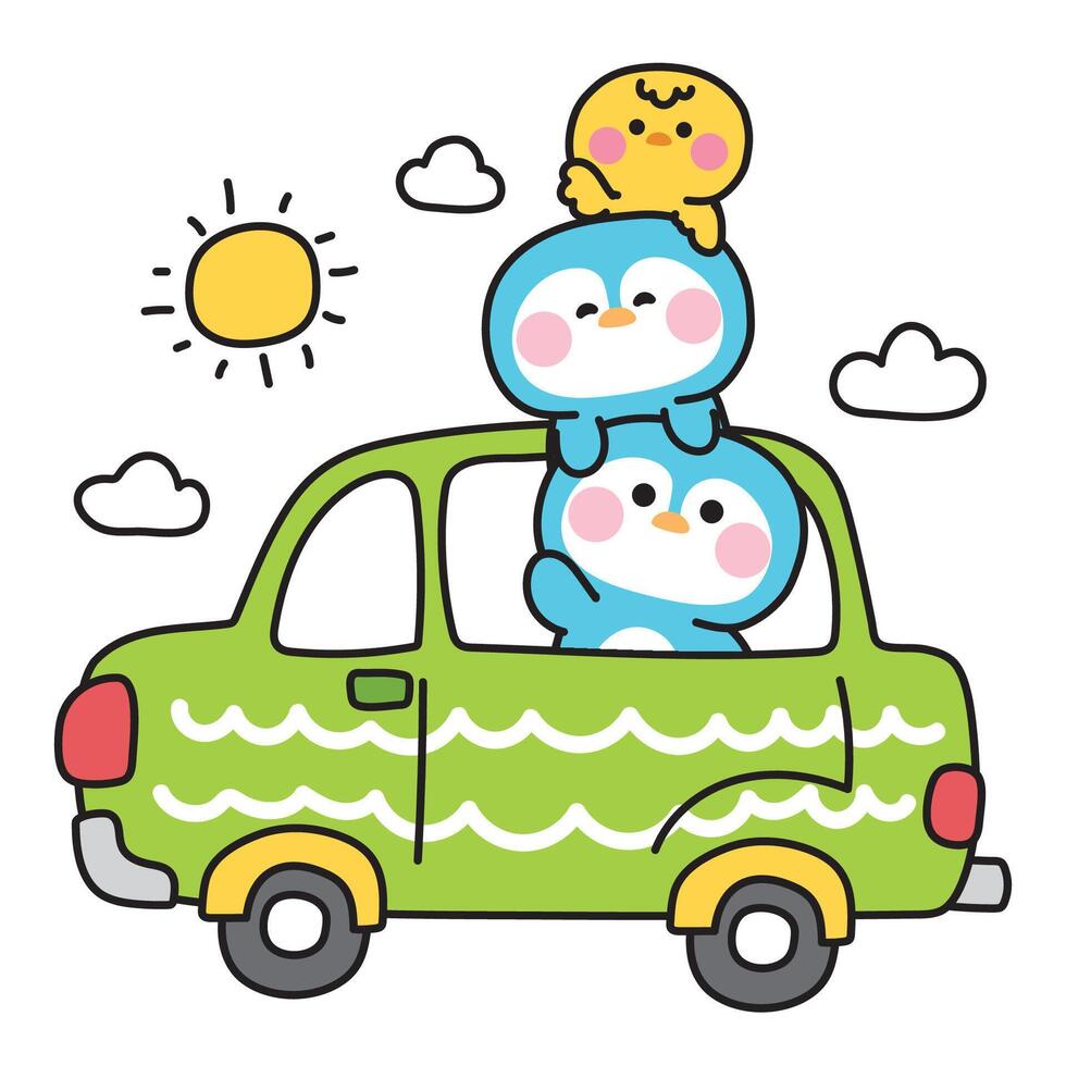 Cute penguin and chicken stay on green car with sun and cloud.Traffic.Vehicle.Bird farm animal character cartoon hand drawn design.Kawaii.Illustration. vector