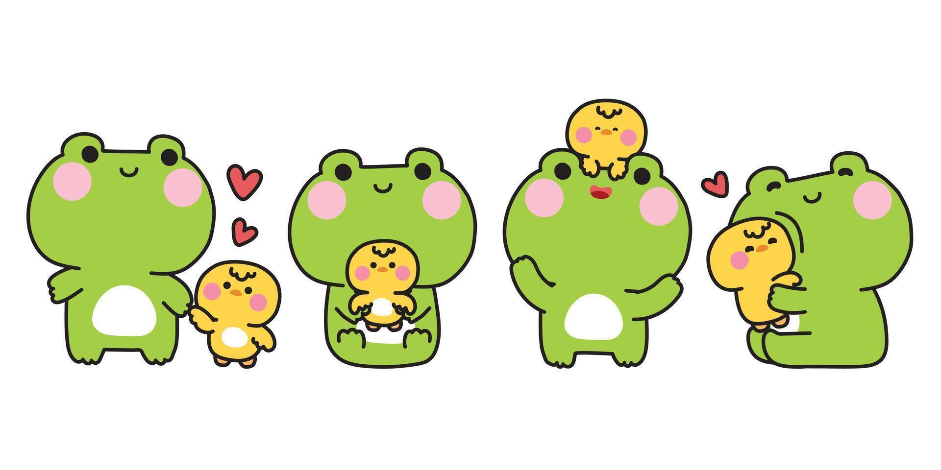 Set of cute frog with chicken in various poses.Friendship.Love.Reptile and bird animal.Character cartoon design.Kawaii.Illustration. vector