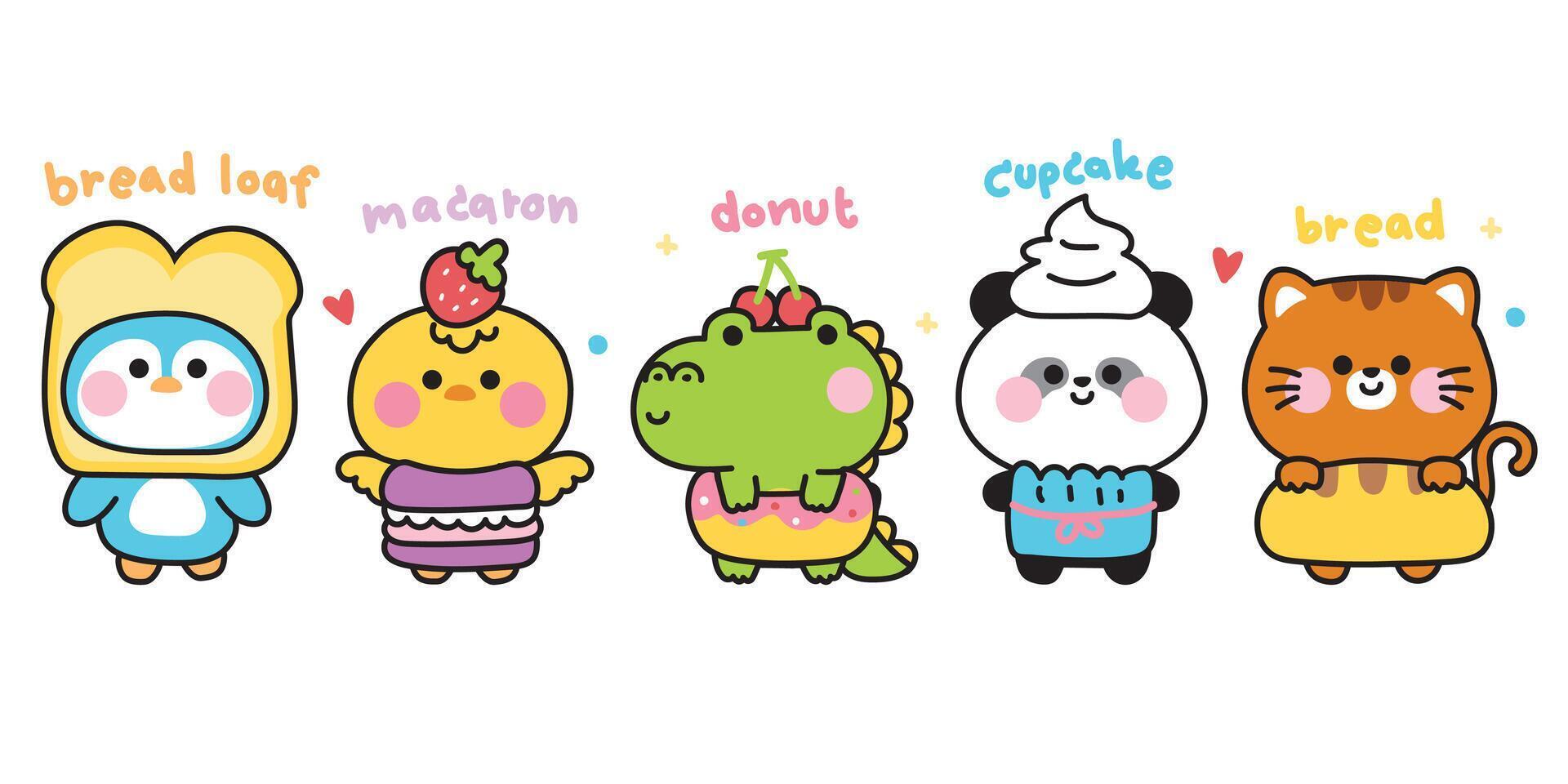 Set of cute animals in bakery costume with text.Cartoon character design.Penguin,crocodile,chicken,panda bear,cat hand drawn.Bread loaf.Macaron.Donut.Cupcake.Kawaii.Illustration. vector