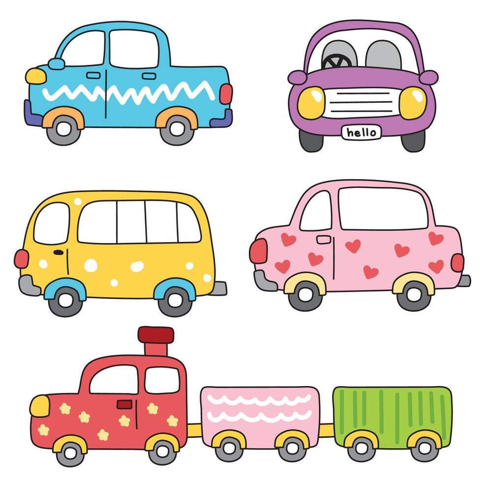 Set of cute various vehicle.Tarffic.Drive.Cartoon design.Car,bus,train hand drawn.Boy.Kawaii.Illustration. vector