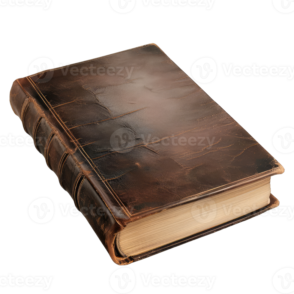 An antique leather-bound book with textured cover and gold-edged pages, perfect for adding a vintage touch to any design. png