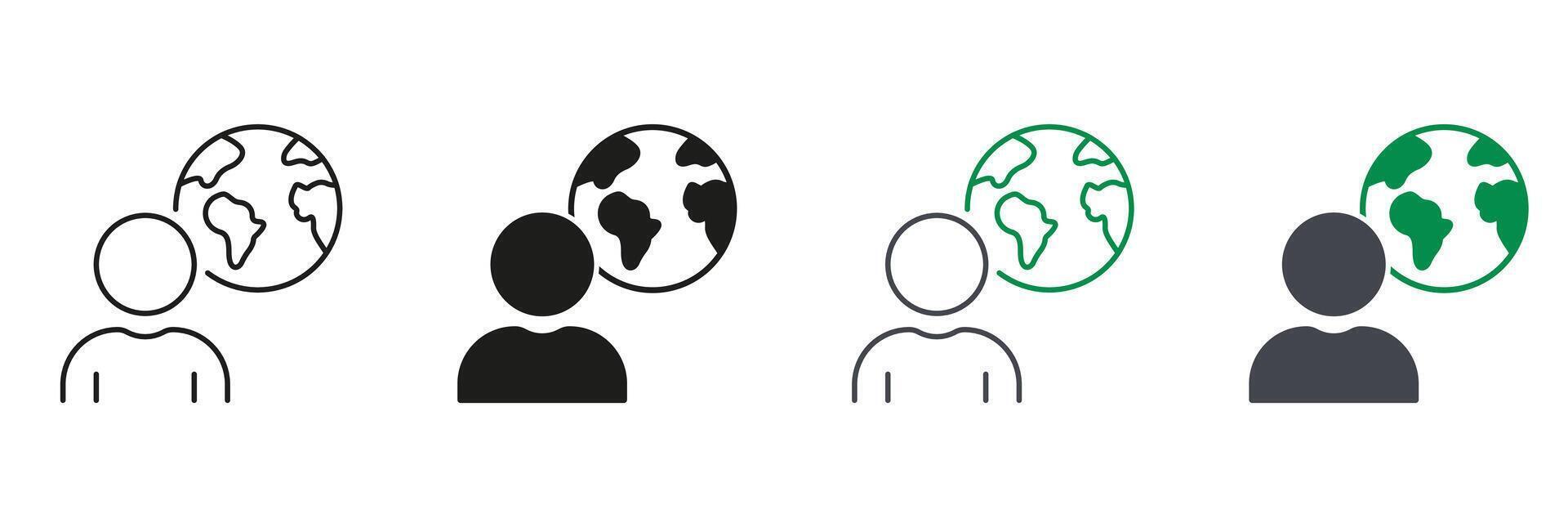 Globe and Person Line and Silhouette Icon Set. Global Business Concept. Worldwide Communication Pictogram. Partnership Sign. Editable Stroke. Isolated Illustration vector