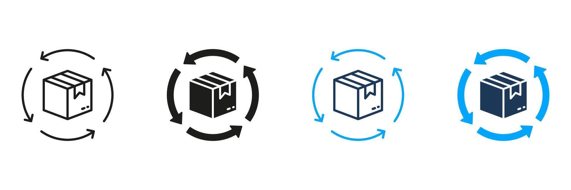 Return Parcel Line and Silhouette Icon Set. Delivery Box with Circle Arrows Icon. Shipping Order Package Symbol. Refund Cardboard Packaging Sign. Editable Stroke. Isolated Illustration vector