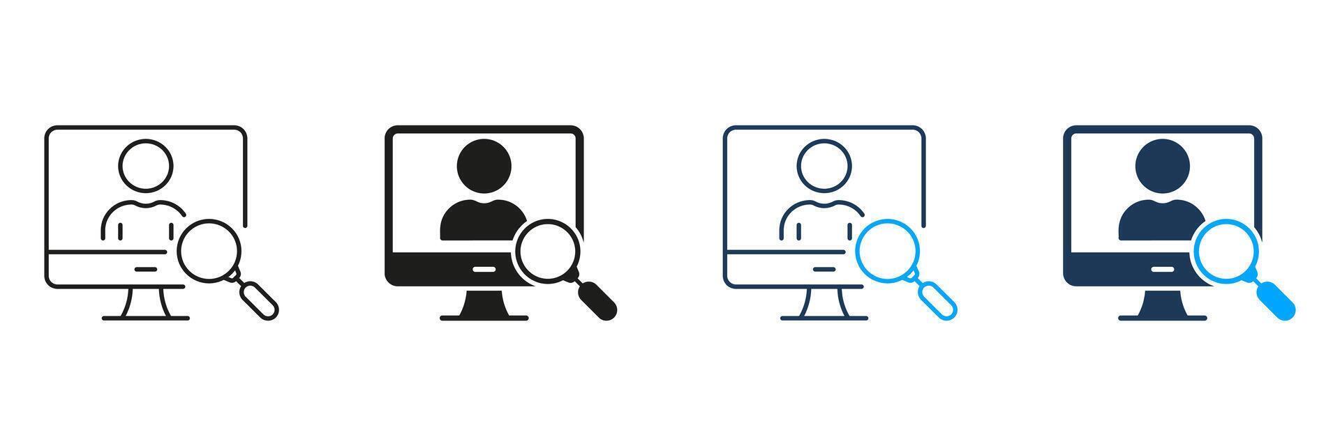 HR Research in Computer Line and Silhouette Icon Set.. Employee Candidate, Job Recruitment, Work Opportunity Symbol. Human Resources Icon. Editable Stroke. Isolated Illustration vector