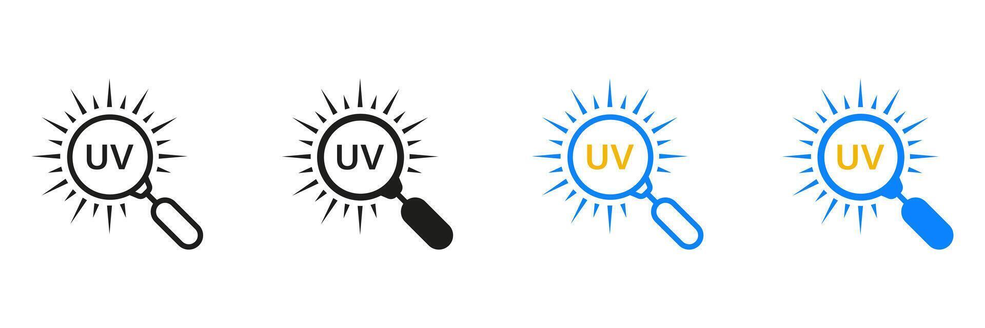 Ultraviolet Rays Research Line and Silhouette Icon Set. UV with Magnifying Glass Pictogram. Summer Sunshine Symbol. Danger Heatwave Sign. Isolated Illustration vector