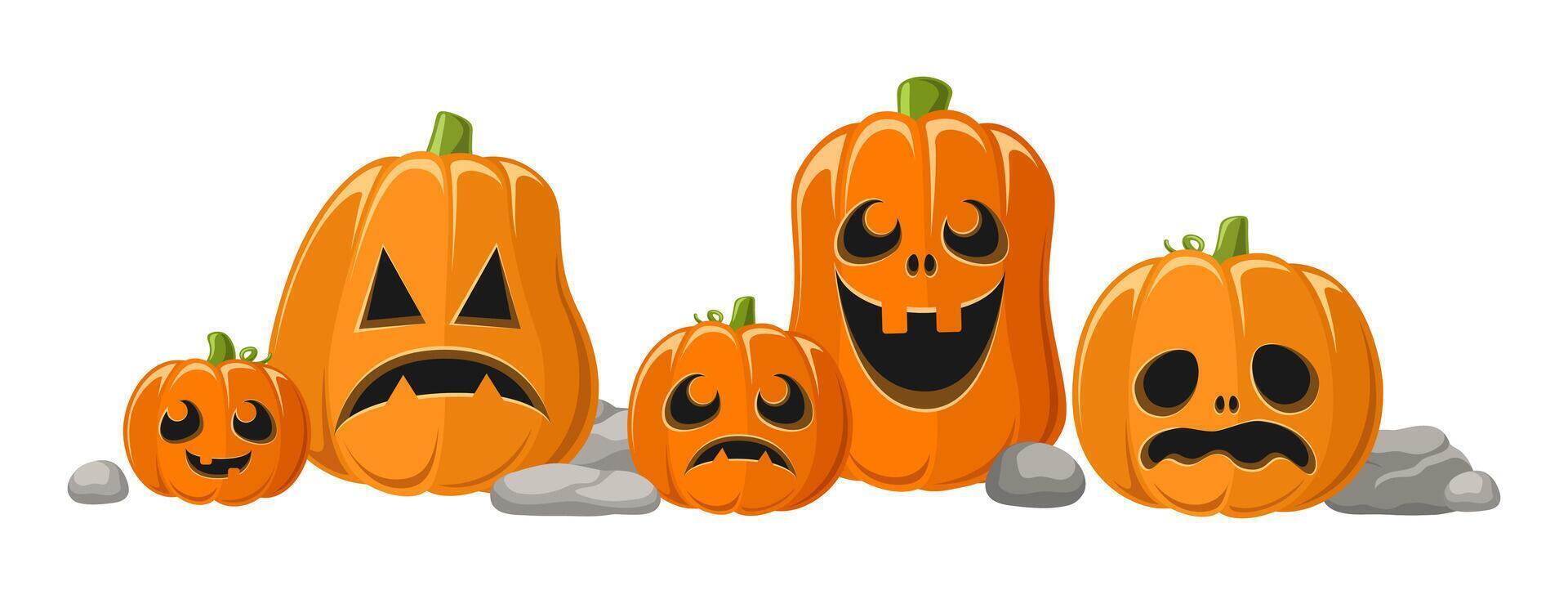 Jack O Lanterns Bottom Frame Border, Cute Fun Halloween Pumpkins, Creepy Spooky Scary Decorations vector