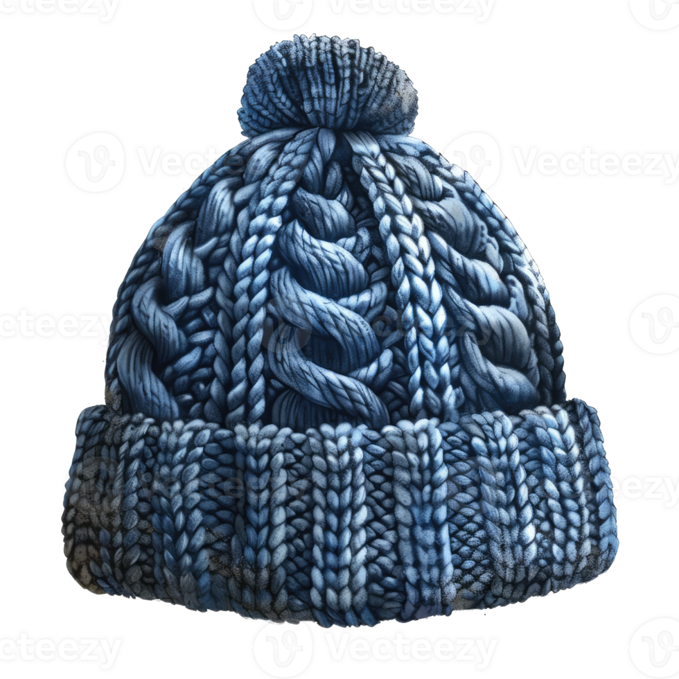 A cozy blue knitted beanie with a fluffy pom pom. Perfect for winter warmth and style. png