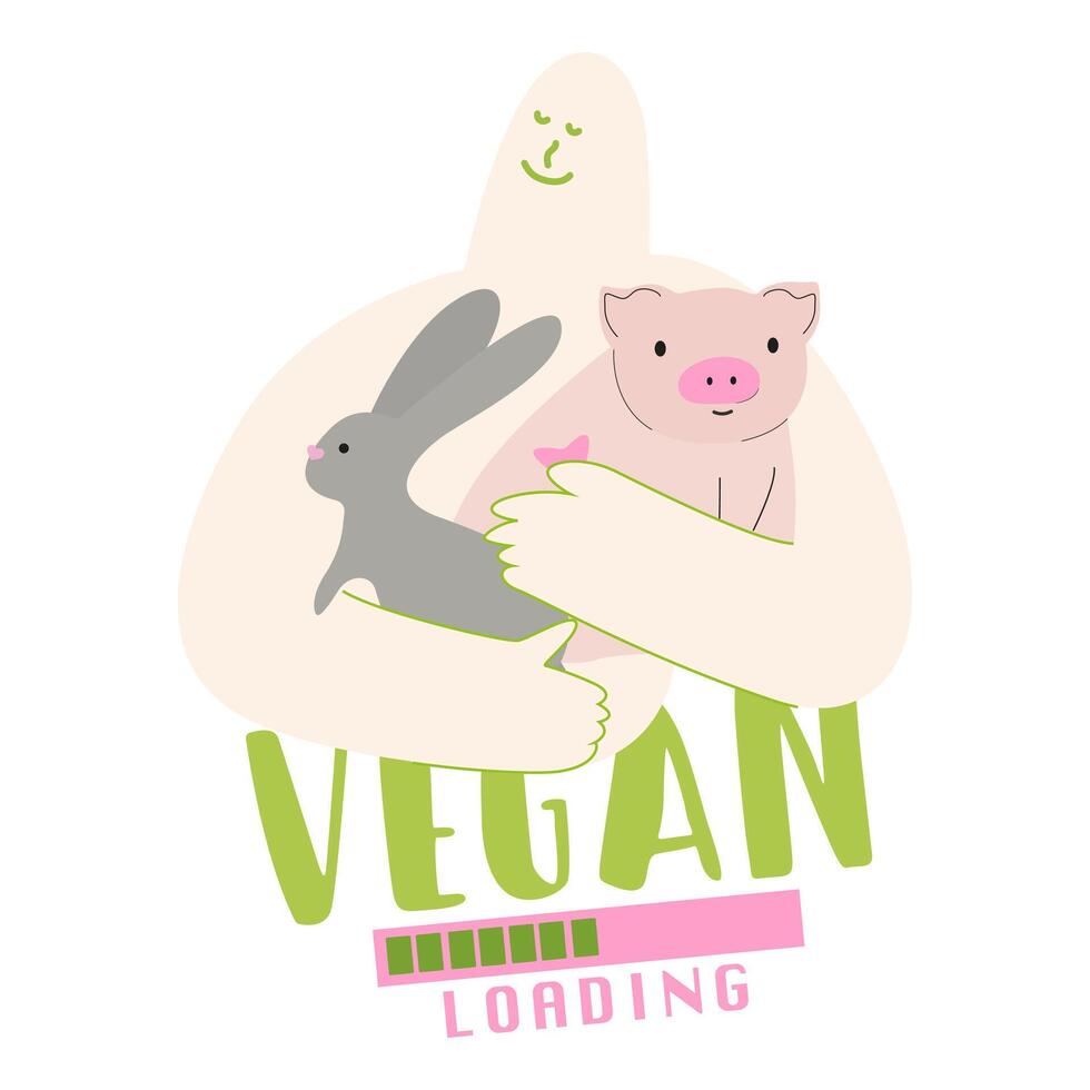 World vegan day celebration. Vegan for Life Illustration to Protect the Earth. Doodle silhouette of a person hugging a rabbit and a pig. Logo for vegan cafe, poster and advertising vector