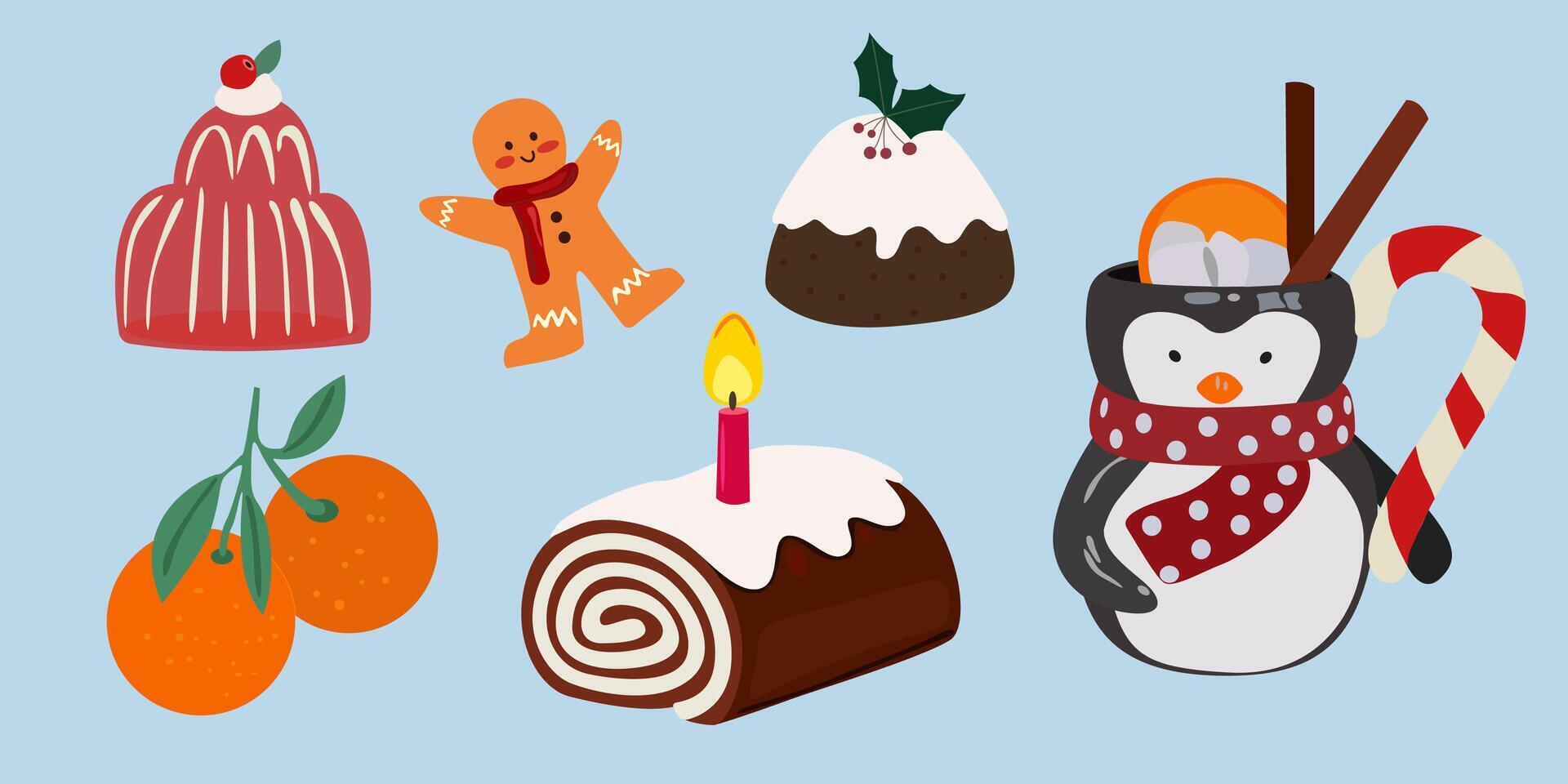 Christmas and New Year stickers in flat style. Christmas tree, sweet roll, christmas goodies, Santa Claus, tangerines, knitted gloves and socks. Attributes of the New Year holiday vector