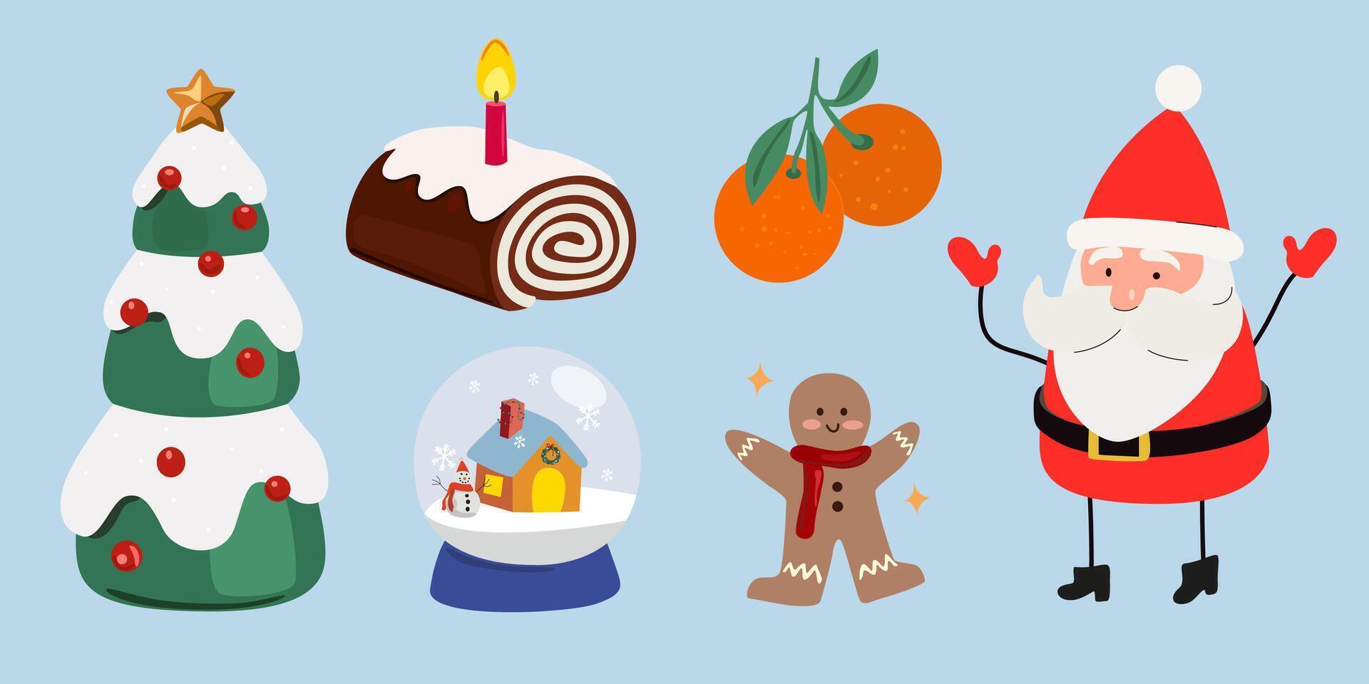 Christmas and New Year stickers in flat style. Christmas tree, sweet roll, christmas goodies, Santa Claus, tangerines, knitted gloves and socks. Attributes of the New Year holiday vector