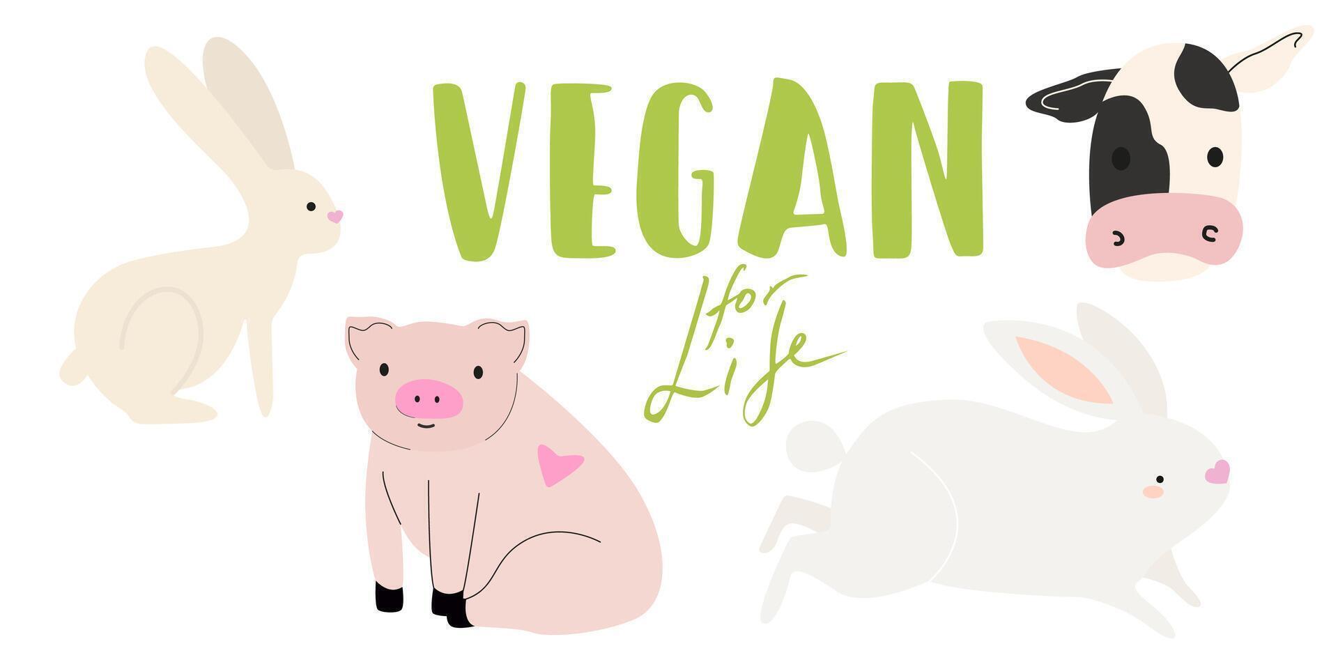 World vegan day celebration. Vegan for Life Illustration to Protect the Earth. No animal testing concept. Flat silhouette of a pig, a cow, a chicken and a bunny. Vegan text slogan vector