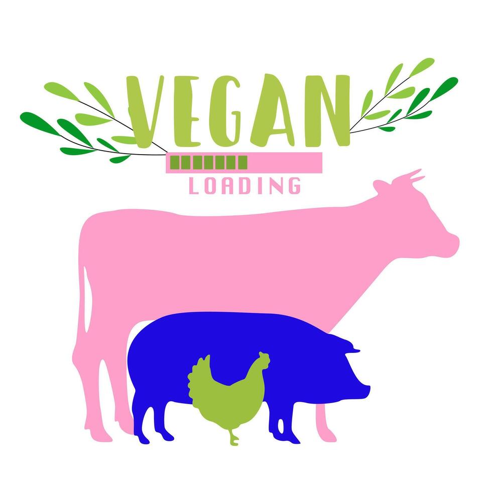 Happy world vegan day celebration. Colorful hand drawn illustration in flat style. Vegan poster design. Vegan cafe print. Pink hand drawn hands in different gestures. No animal testing concept vector