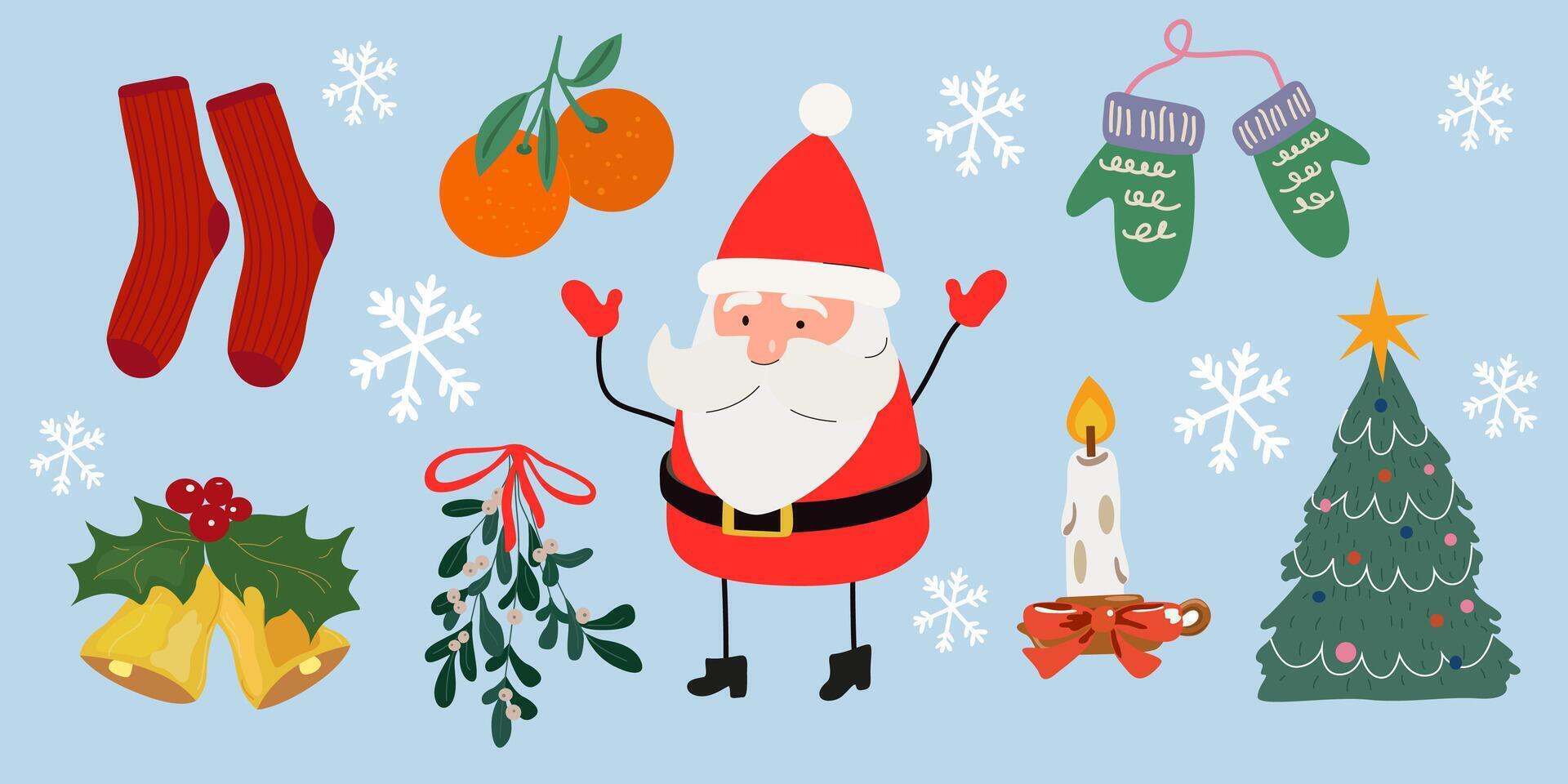 Christmas and New Year stickers in flat style. Christmas tree, sweet roll, christmas goodies, Santa Claus, tangerines, knitted gloves and socks. Attributes of the New Year holiday vector