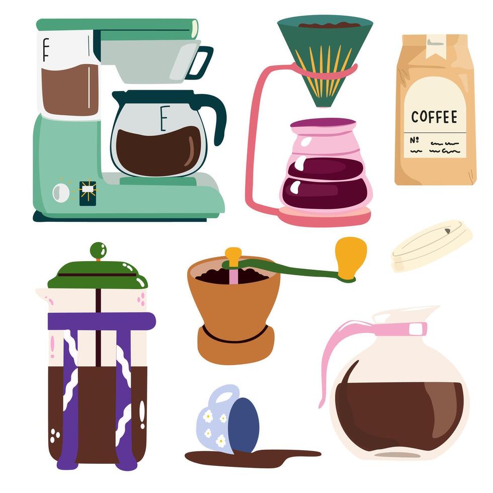 Coffee retro icons. Coffee maker, coffee beans in kraft paper, grinder and other appliances for preparing hot drinks. Design elements perfect for cafe menu, coffee shop posters vector