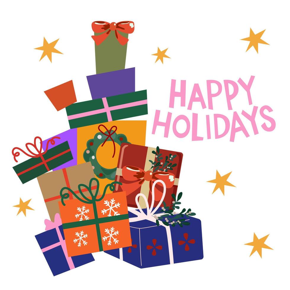 Christmas and New Year big pile of colorful wrapped gift boxes. Collection of gift present. Happy holiday seasonal illustrations in retro flat style. Attributes of the winter holiday vector