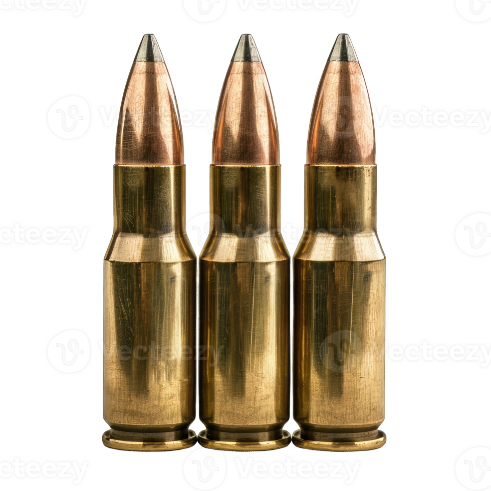 A close-up view of three brass bullets with pointed copper tips, representing ammunition for firearms. png