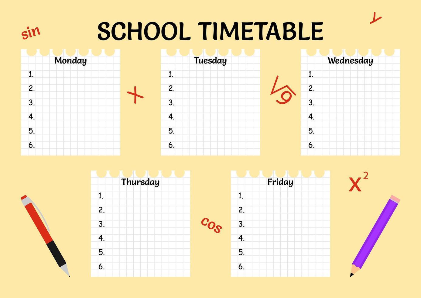 School timetable, weekly planner. Back to school. illustration vector