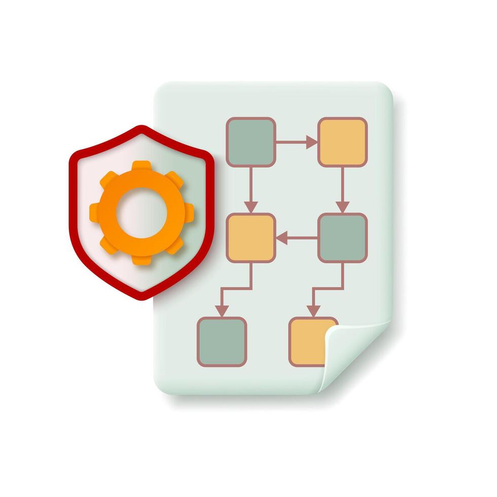 Concept of performing safety procedure in 3d shield and gear icon style. vector