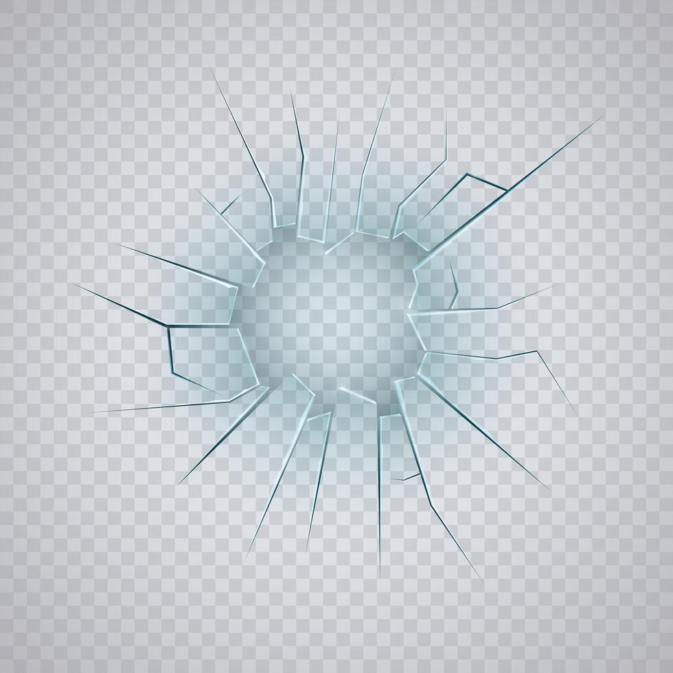 Broken glass. Cracked destroyed damaging hole in transparent realistic glass. vector