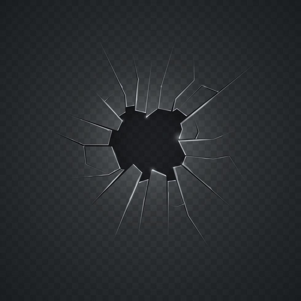 Broken glass. Realistic cracked hole in damaged transparent glass. vector