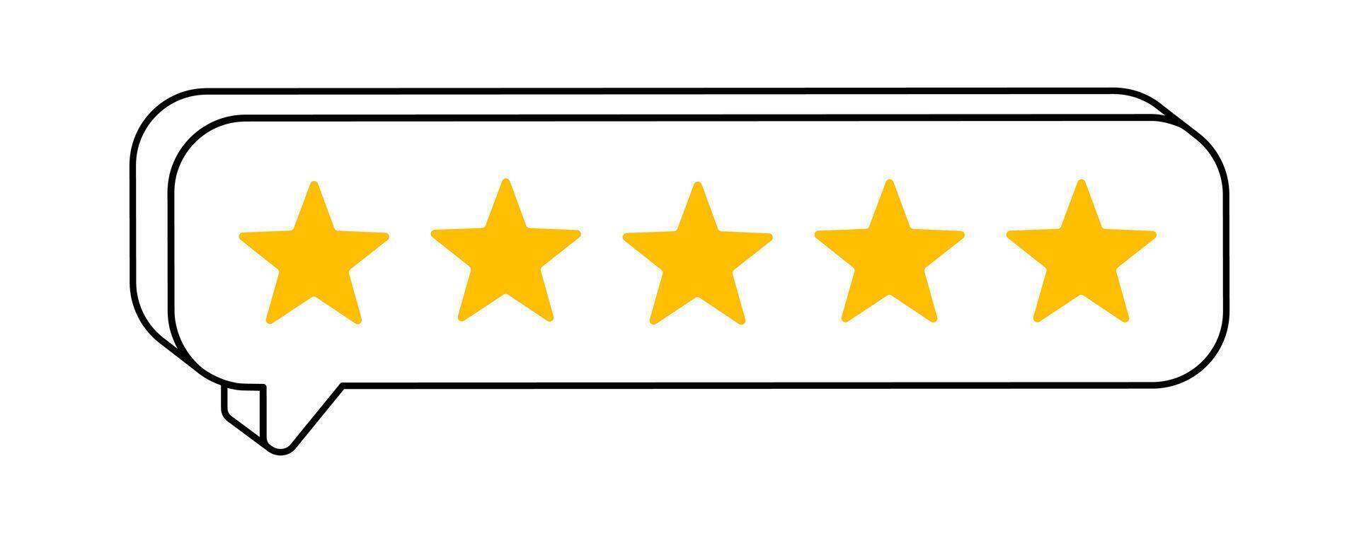 Hand drawn cute cartoon illustration of speech bubble with five rating stars. Flat customer positive feedback doodle. Online review sticker. Client satisfaction. Best quality. Isolated. vector
