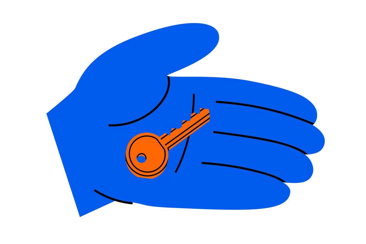 Hand drawn cute cartoon illustration of hand with key. Flat real estate sticker doodle. Protection or access icon. Mortgage loan or rent. Buy or sell building. Verification procedure. Isolated. vector