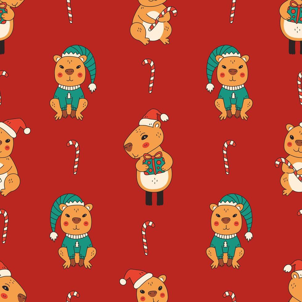 Vintage Christmas Seamless Pattern with Capybara vector