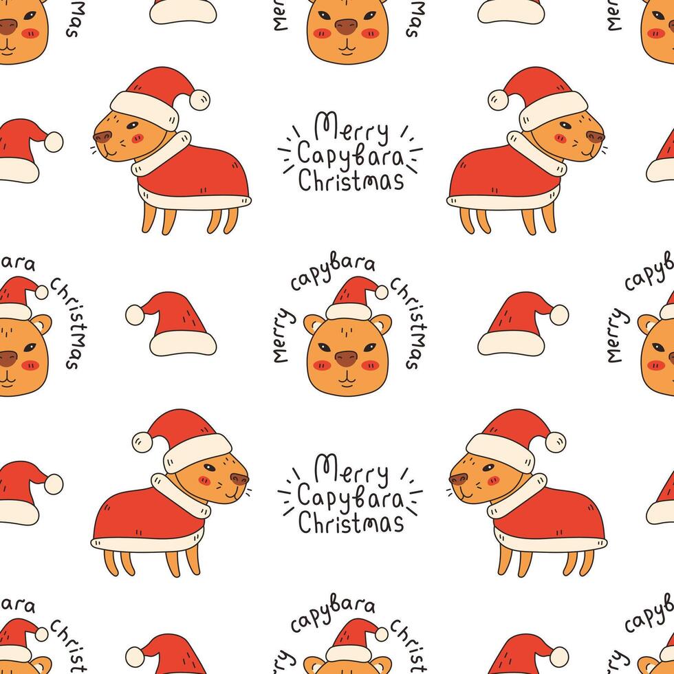 Christmas Capybara Seamless Pattern with Text vector