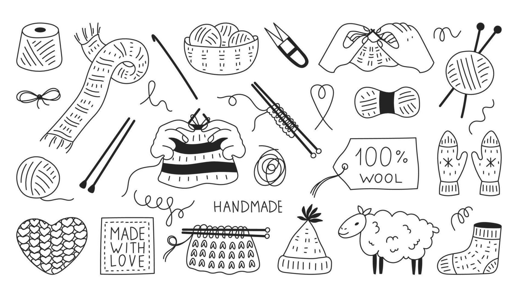 Knitting Doodle Icons Set vector
