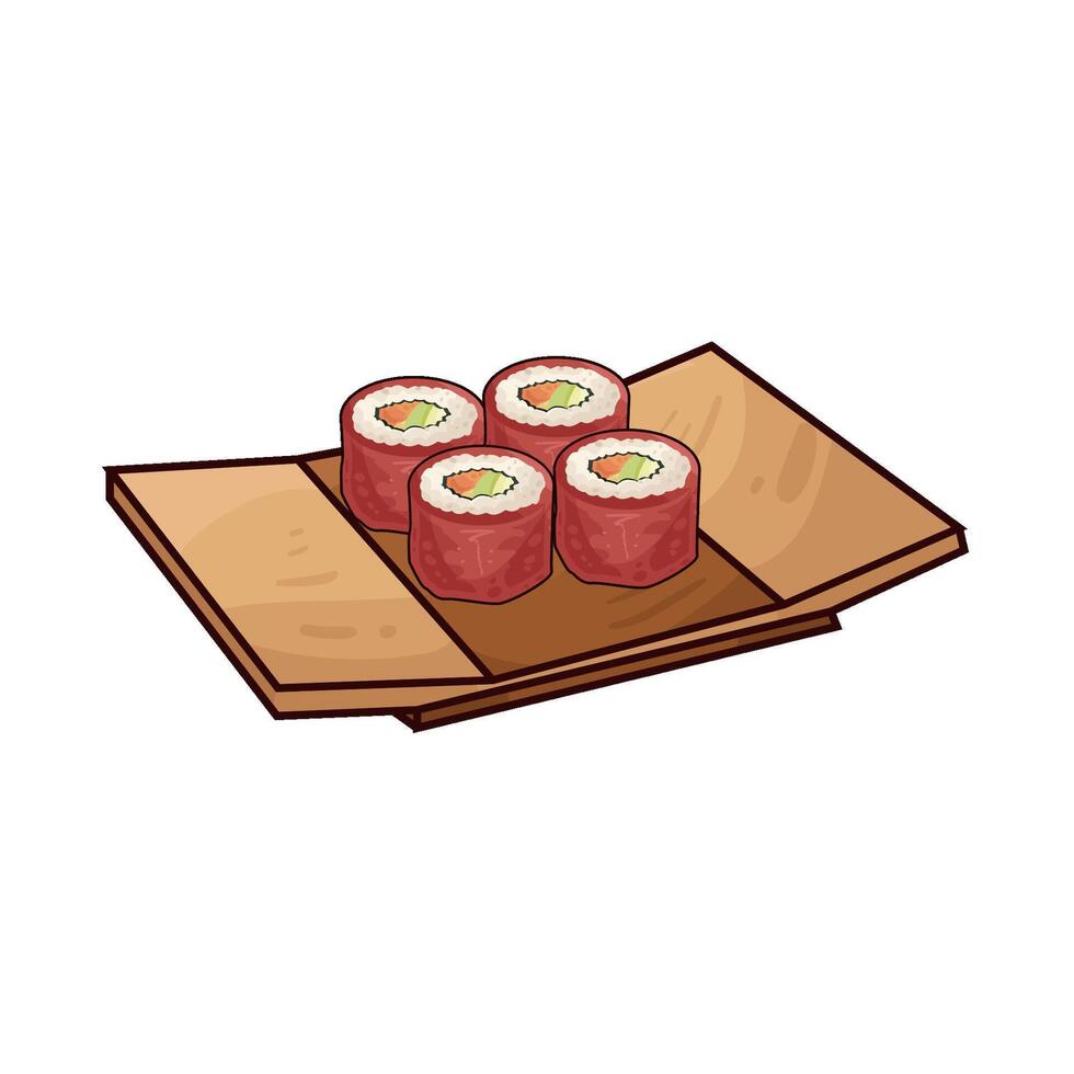 delicious sushi on a wooden plate vector