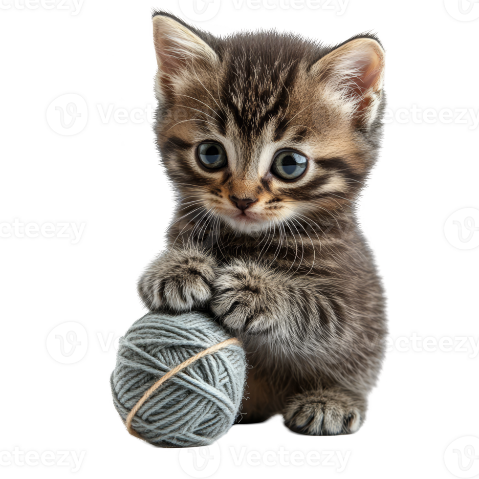 Little kitten playing with a ball of yarn transparent background png