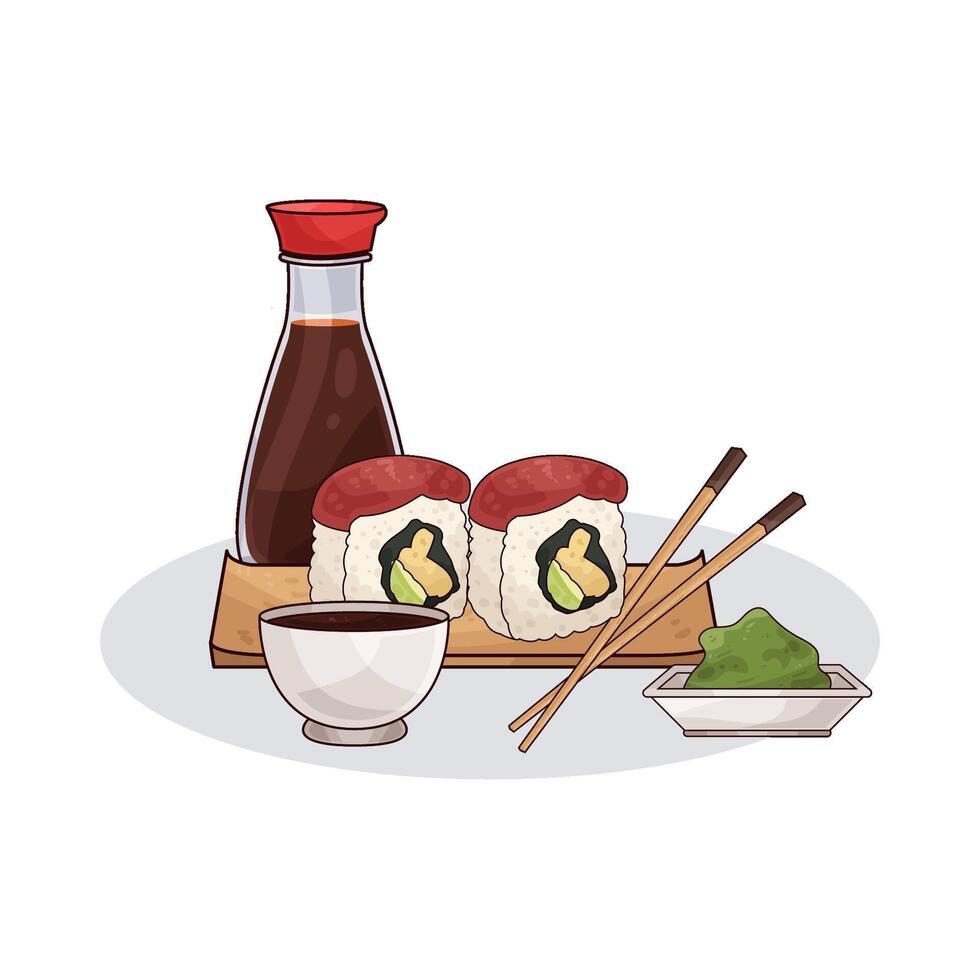 soy sauce with delicious sushi vector