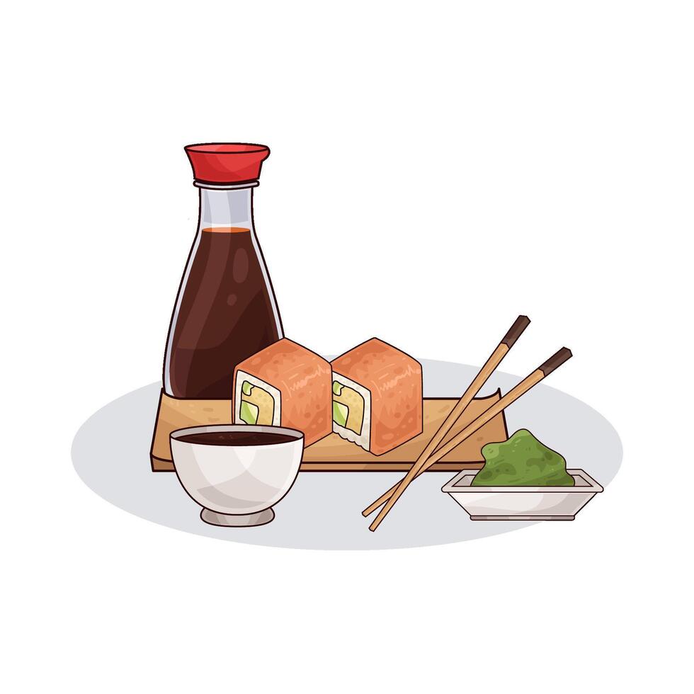delicious sushi with soy sauce illustration vector