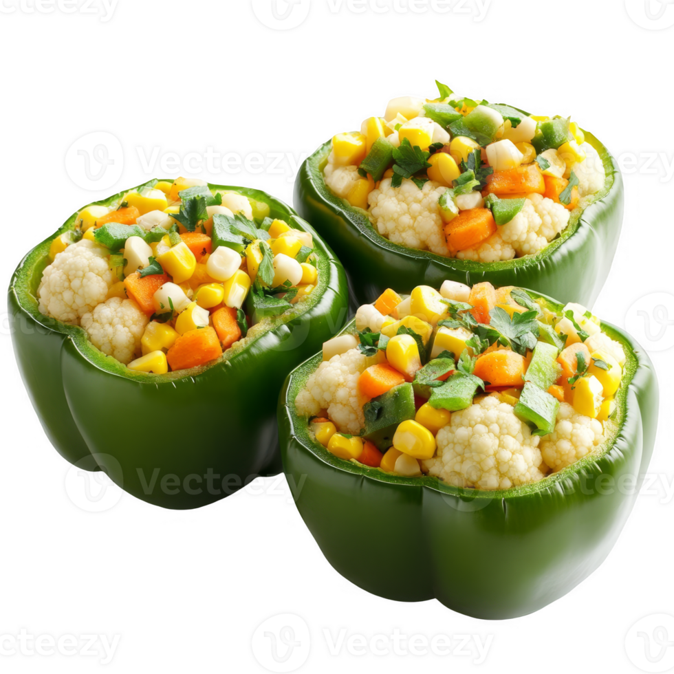 Baked green bell peppers filled with corn transparent background png