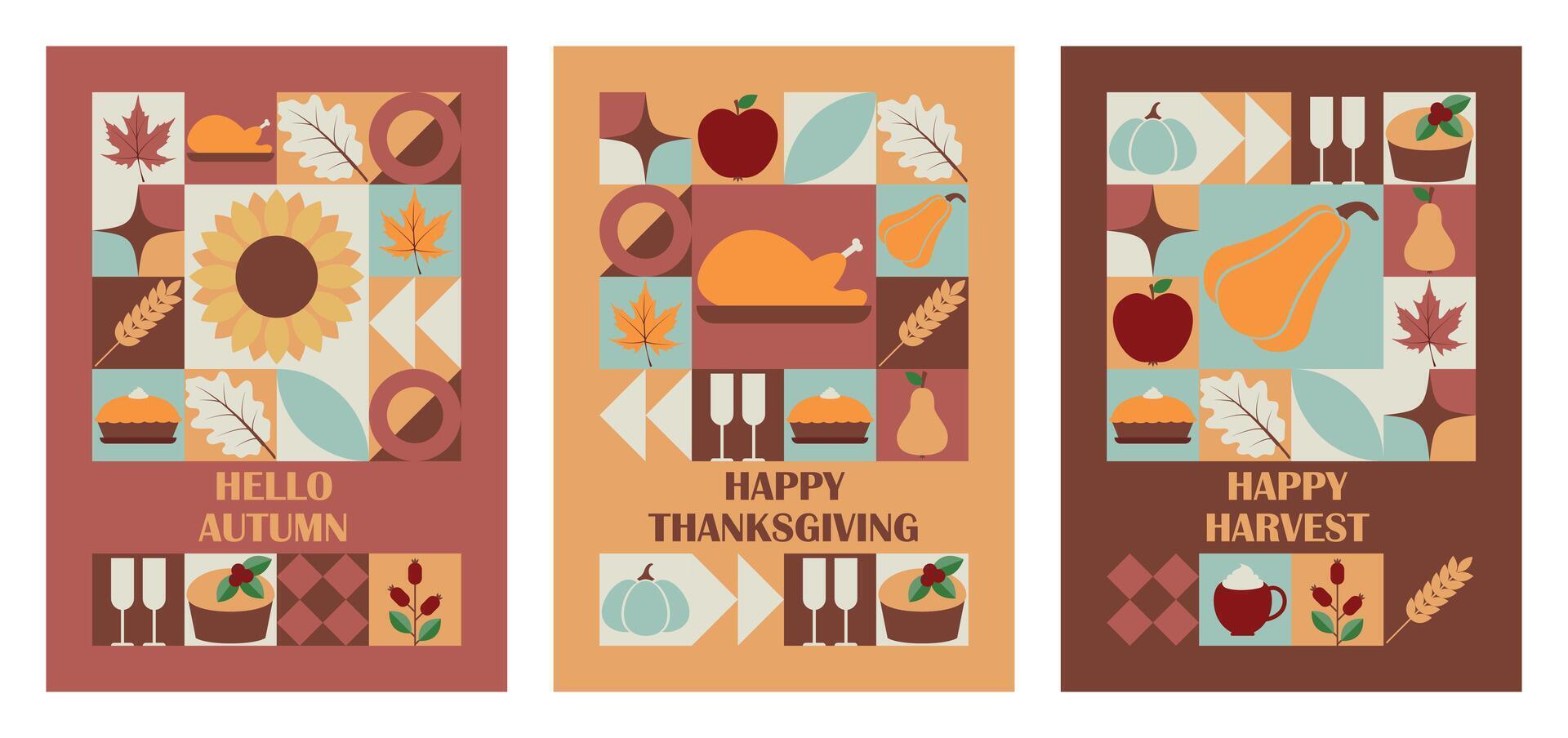 Set of Thanksgiving Day and Harvest Festival vertical greeting cards with modern abstract geometric pattern. illustration vector
