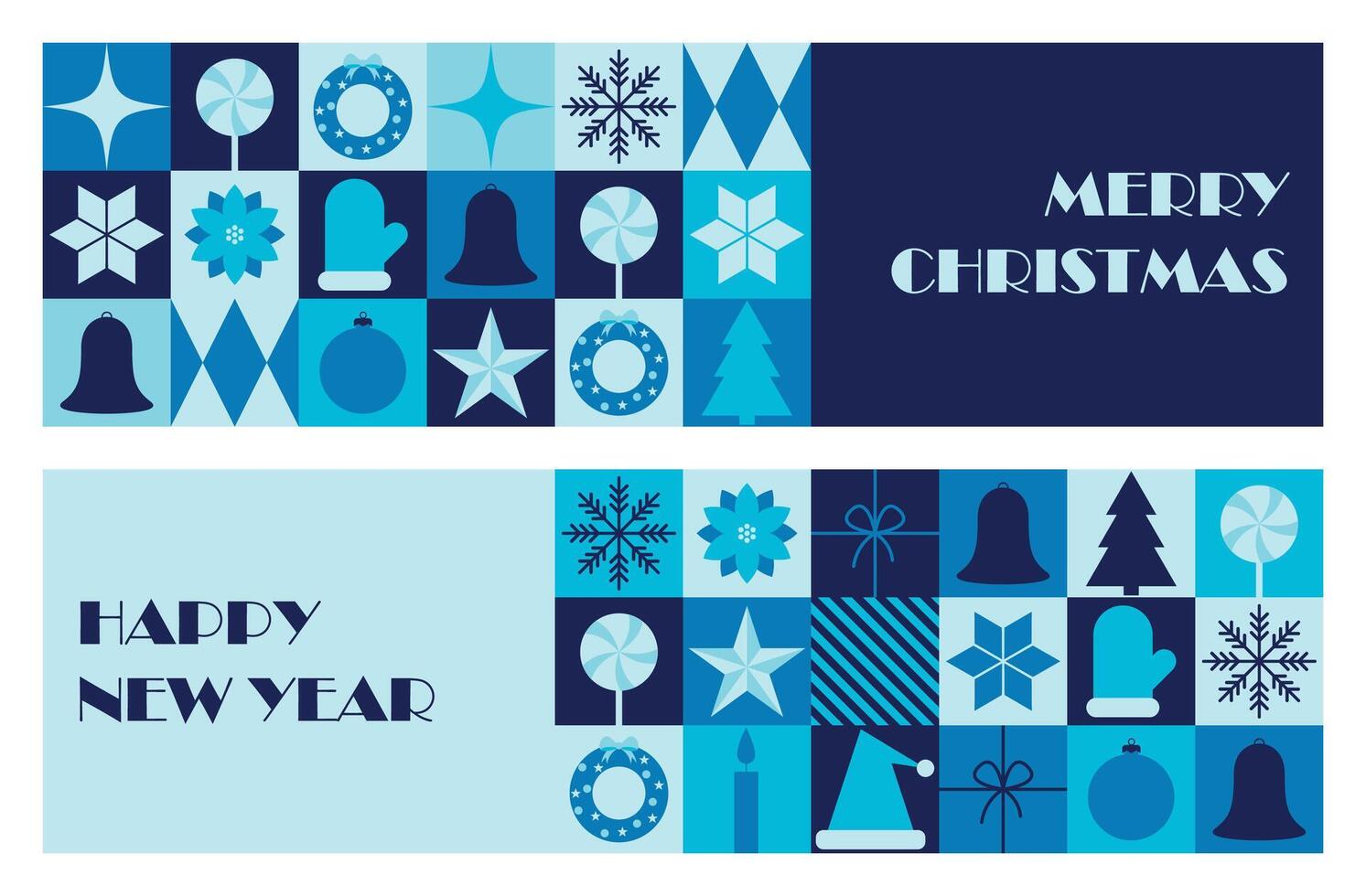 Set of horizontal Merry Christmas and New Year banners. Greeting card design template with abstract geometric print. illustration vector