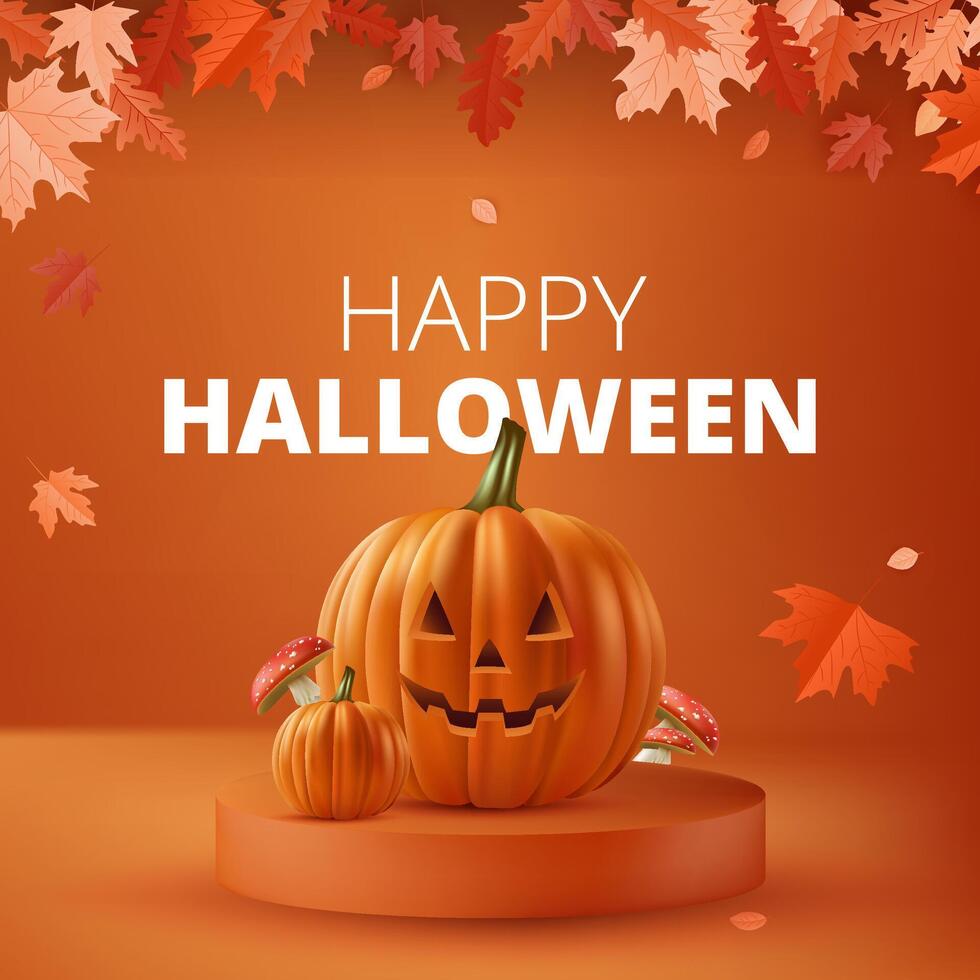 A Halloween background featuring an orange pumpkin on a podium or stage, perfect for October celebrations. Autumn leaves, creating a spooky yet cute atmosphere. Ideal for banners, posters. Not AI. vector