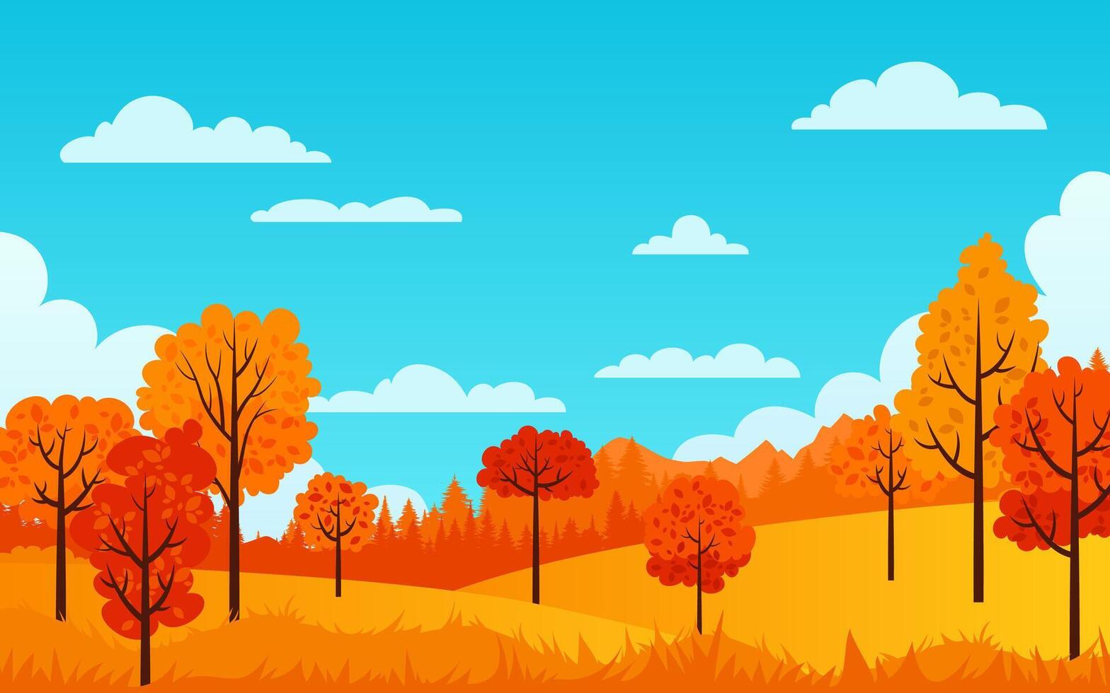 Autumn landscape with colorful trees, blue sky, and vibrant foliage. A illustration perfect for banners, posters, or wallpapers, capturing fall's beauty in nature and peaceful scenery. Not AI. vector