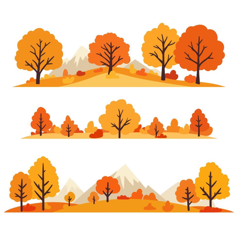 An autumn landscape illustration set featuring trees and colorful leaves in a panoramic view. Forest on hills with yellow and orange hues. The fall season. Perfect for banners or wallpaper. Not AI. vector