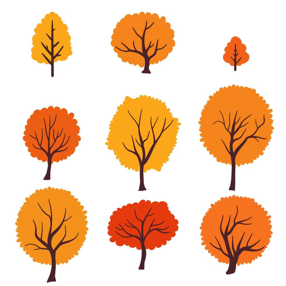 A set of autumn trees and branches with colorful leaves in shades of orange, red, and yellow. Isolated designs of oak trees, bushes for seasonal decoration. Not AI. vector