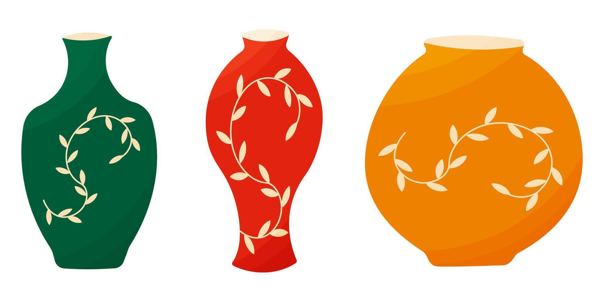 Set of Chinese vases with leaf pattern vector