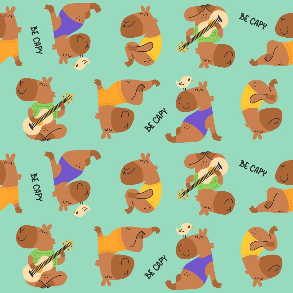 Seamless pattern cute capybaras, lettering be capy. Funny background. Freehand illustration vector