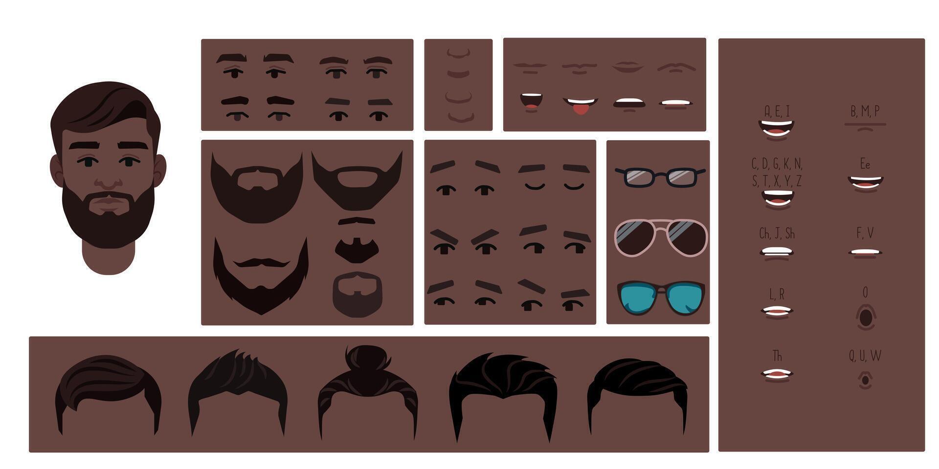 Brown skin colored man face constructor, avatar of male character creation hairstyle, nose, eyes, eyebrows and lips. Cartoon set suitable for animation and lip sync speaking. vector