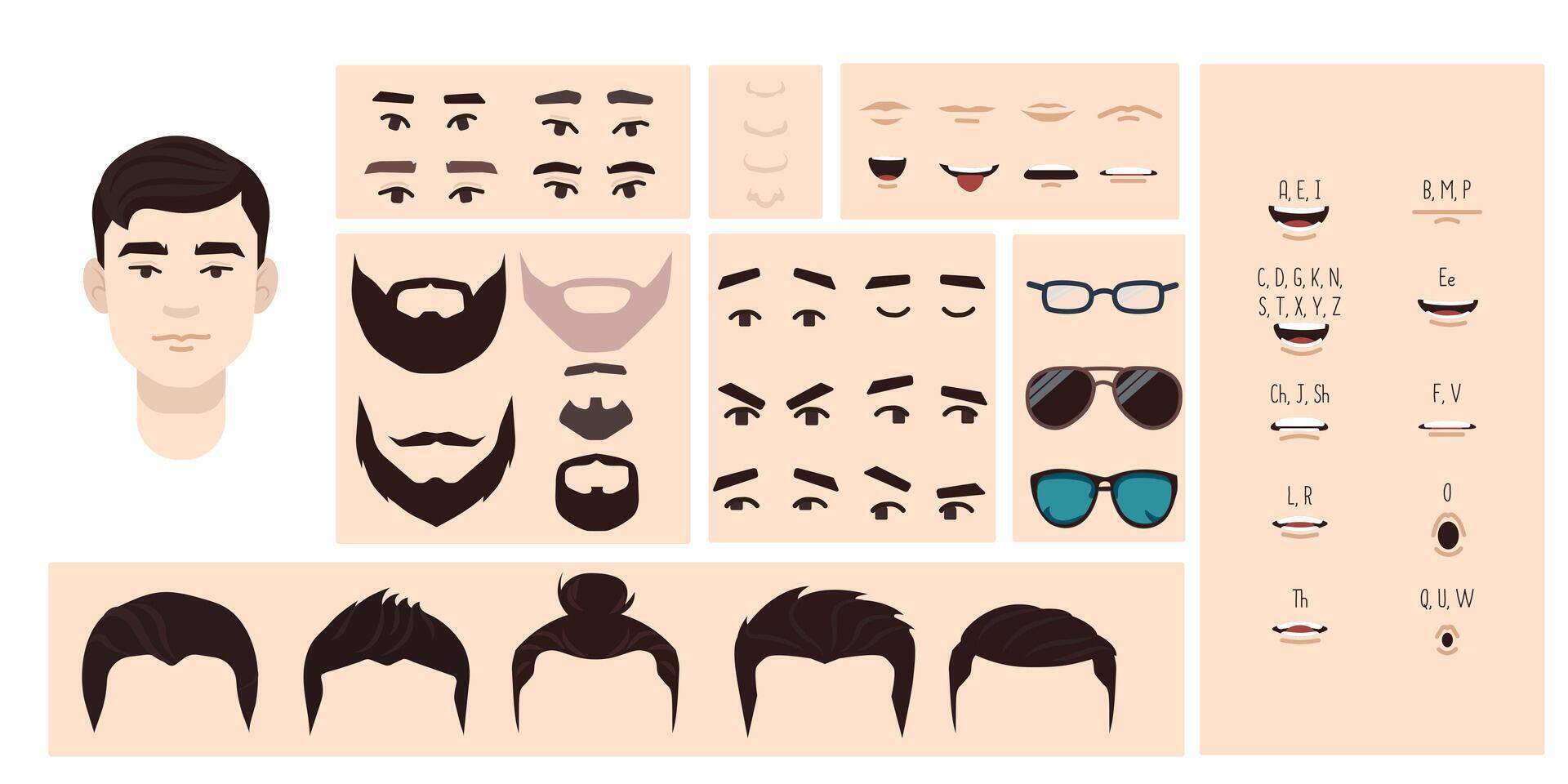 Asian man face constructor, avatar of male character creation hairstyle, nose, eyes with eyebrows and lips. Facial elements for construction. Cartoon set suitable for animation and lip sync speaking. vector