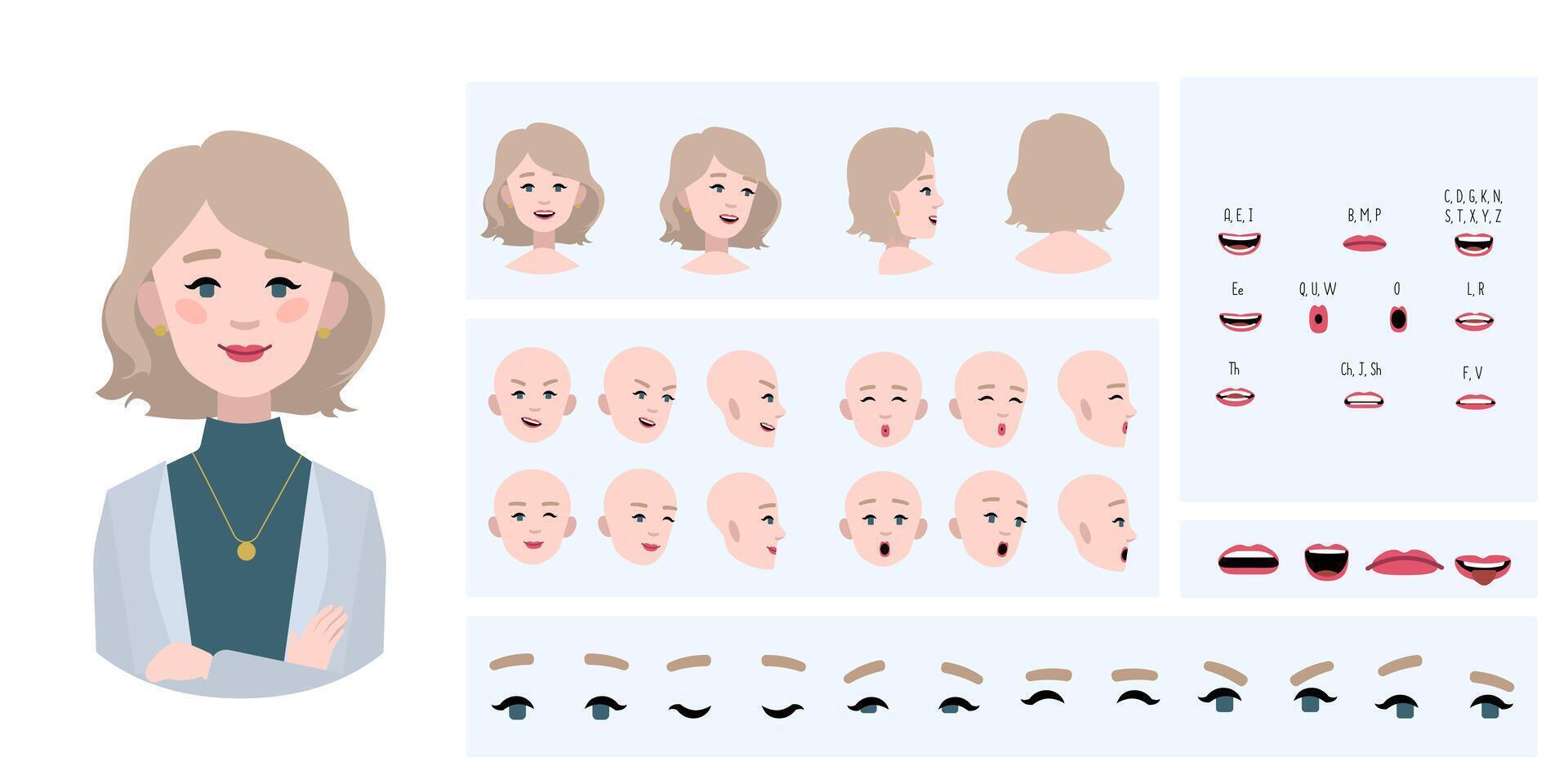 Business woman avatar creation suitable for animation. Generator, constructor of diverse views of eyes, lips, emotion expressions mouth animation and lip sync. Girl character face construction. vector