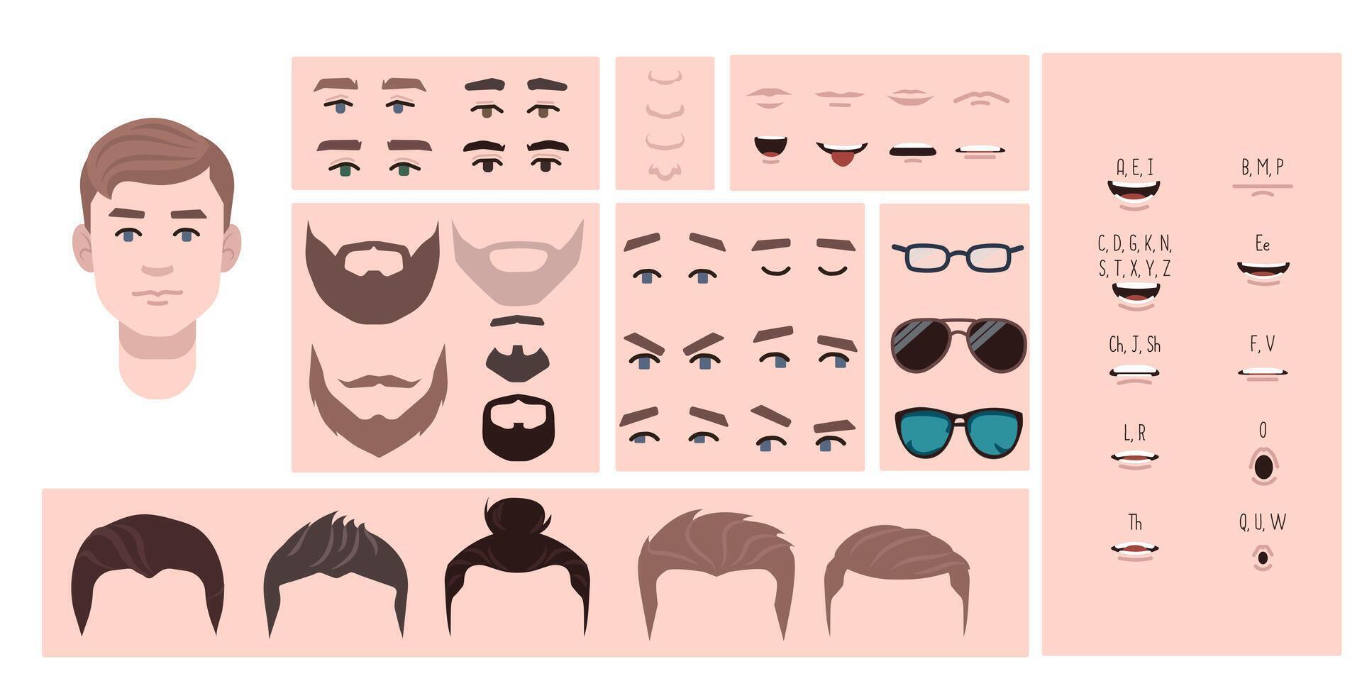 Man face constructor, avatar of male character creation hairstyle, nose, eyes with eyebrows and lips. Facial elements for construction. Cartoon set suitable for animation and lip sync speaking. vector